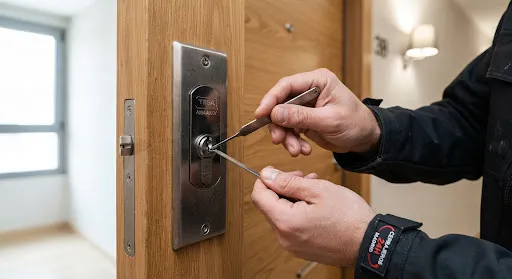 Cerrajero profesional manipulando una cerradura de seguridad en una puerta de Madrid